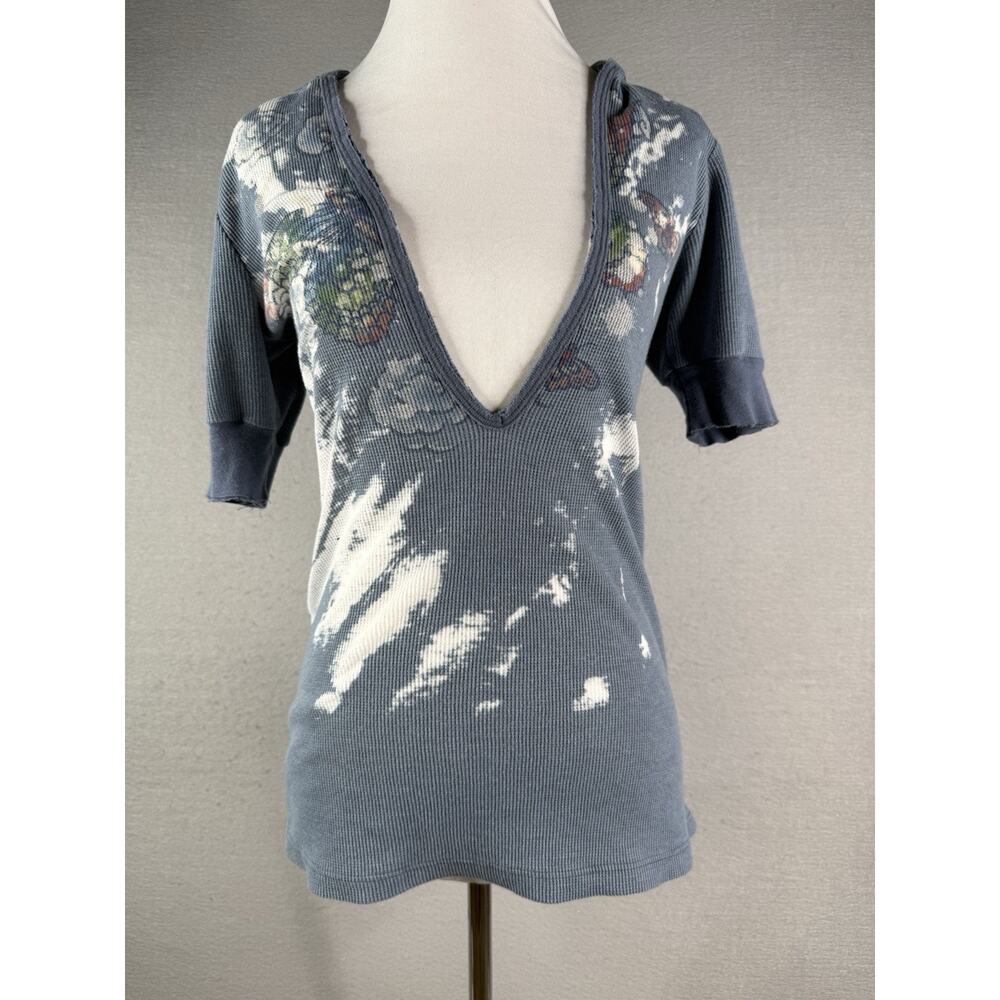 Vtg Y2K Fang Thermal Hoodie Deep V-Neck Top Sz M Blue USA Grunge Retro 90s